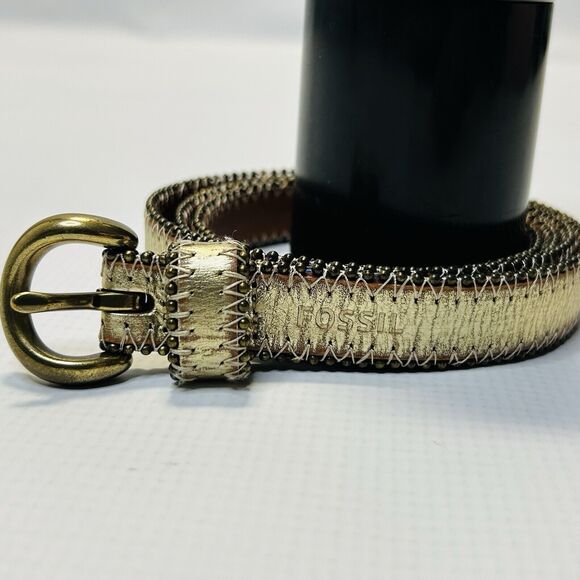 Fossil Shimmery Gold Skinny Size Large Leather Belt BT3993715 195071 0512 - Picture 1 of 9